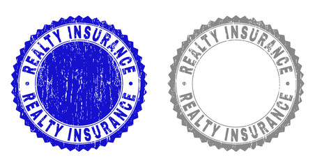 Obraz premium Grunge REALTY INSURANCE stamp seals isolated on a white background. Rosette seals with grunge texture in blue and gray colors.