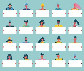 Fototapeta premium Colorful vector illustration in flat style. Set of smiling young men and women holding clean placards. Bundle of joyful male and female cartoon characters demonstrating empty banners.