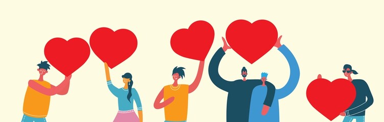 Fototapeta premium Valentine Day Gift Card Holiday Love Men and Women Hold hearts. Social Network Communication Flat Vector Illustration