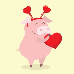 Vector illustration card with cute cartoon little Valentine pig in love