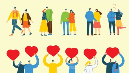 Illustration with happy cartoon couples in love and people hold hearts. Happy lovers on date, hugging, dancing. Concept of Valentine vector illustration isolated on light background 