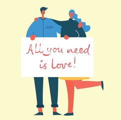 Illustration with happy cartoon couples in love with big banner with text All you need is love. Concept of Valentine vector illustration isolated on light background 