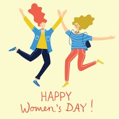 Fototapeta na wymiar Colorful vector illustration concept of Happy Women's internarional day . Group of happy jumping female friends, union of feminists, sisterhood in flat design