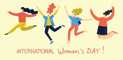 Colorful vector illustration concept of Happy Women's internarional day . Group of happy female friends, union of feminists, sisterhood jumping in flat design 