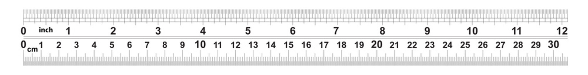 Ruler 12 inshes. Ruler 30 centimeters. Value of division - 32 divisions by inch and 0.5 mm. Precise length measurement device. Calibration grid.