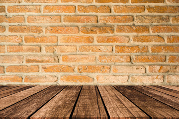 close up on antique orange brick background with wood table perspective for show,promte  product and content on display