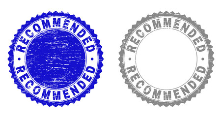 Grunge RECOMMENDED stamp seals isolated on a white background. Rosette seals with distress texture in blue and gray colors. Vector rubber stamp imprint of RECOMMENDED caption inside round rosette.