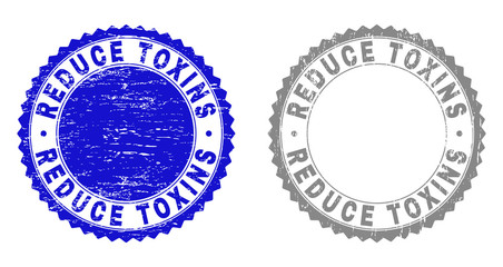 Grunge REDUCE TOXINS stamp seals isolated on a white background. Rosette seals with grunge texture in blue and grey colors. Vector rubber stamp imitation of REDUCE TOXINS title inside round rosette.