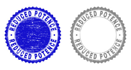 Grunge REDUCED POTENCE stamp seals isolated on a white background. Rosette seals with grunge texture in blue and gray colors. Vector rubber overlay of REDUCED POTENCE text inside round rosette.