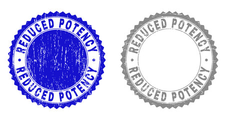 Grunge REDUCED POTENCY stamp seals isolated on a white background. Rosette seals with grunge texture in blue and grey colors. Vector rubber stamp imprint of REDUCED POTENCY text inside round rosette.