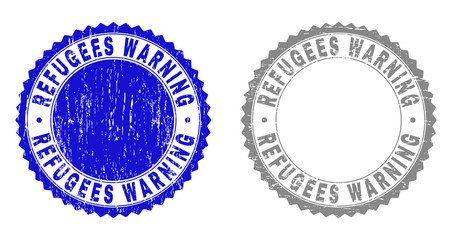 Grunge REFUGEES WARNING stamp seals isolated on a white background. Rosette seals with grunge texture in blue and grey colors. Vector rubber stamp imprint of REFUGEES WARNING tag inside round rosette.