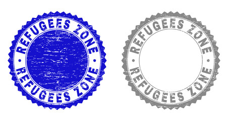 Obraz premium Grunge REFUGEES ZONE stamp seals isolated on a white background. Rosette seals with grunge texture in blue and gray colors. Vector rubber watermark of REFUGEES ZONE title inside round rosette.