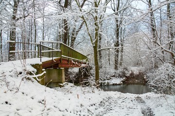 The bridge and the ford across the river in winter.  East Moravia. Czech Republic. Europe.