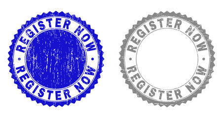 Grunge REGISTER NOW stamp seals isolated on a white background. Rosette seals with grunge texture in blue and gray colors. Vector rubber stamp imprint of REGISTER NOW title inside round rosette.