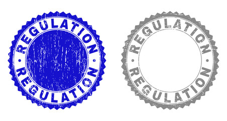 Grunge REGULATION stamp seals isolated on a white background. Rosette seals with grunge texture in blue and grey colors. Vector rubber watermark of REGULATION caption inside round rosette.