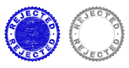 Grunge REJECTED stamp seals isolated on a white background. Rosette seals with distress texture in blue and gray colors. Vector rubber stamp imitation of REJECTED title inside round rosette.