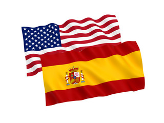 National fabric flags of Spain and America isolated on white background. 3d rendering illustration. 1 to 2 proportion.
