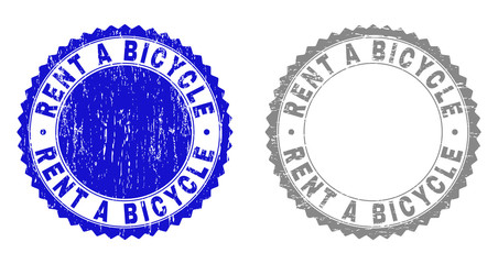 Obraz premium Grunge RENT A BICYCLE stamp seals isolated on a white background. Rosette seals with grunge texture in blue and grey colors. Vector rubber stamp imprint of RENT A BICYCLE caption inside round rosette.
