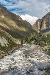 View up the valley along the Urubamba River in Peru