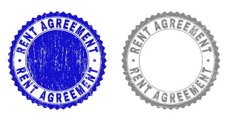Grunge RENT AGREEMENT stamp seals isolated on a white background. Rosette seals with grunge texture in blue and gray colors. Vector rubber stamp imprint of RENT AGREEMENT title inside round rosette.