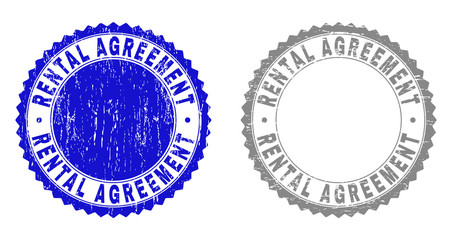 Grunge RENTAL AGREEMENT stamp seals isolated on a white background. Rosette seals with grunge texture in blue and grey colors. Vector rubber overlay of RENTAL AGREEMENT tag inside round rosette.