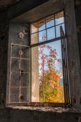 Window in Berengaria abandoned hotel in mountain region of Trodos, Cyprus