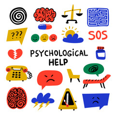 Psychology. Psychological help. Set of hand drawn icons on theme of psychology. Psychology, brain and mental health vector icons or logos set.Doodle style flat vector illustration