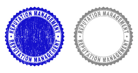 Grunge REPUTATION MANAGEMENT stamp seals isolated on a white background. Rosette seals with grunge texture in blue and gray colors.