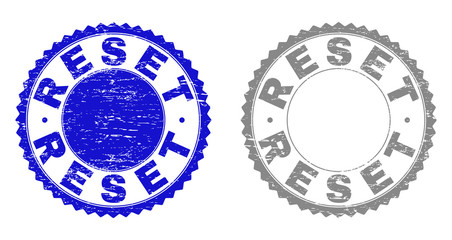 Grunge RESET stamp seals isolated on a white background. Rosette seals with distress texture in blue and grey colors. Vector rubber stamp imitation of RESET text inside round rosette.