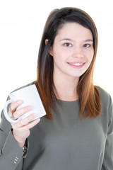 portrait of happy young woman with mug of coffee
