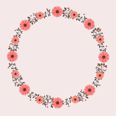 Floral greeting card and invitation template for wedding or birthday anniversary, Vector circle shape of text box label and frame, Pink flowers wreath ivy style with branch and leaves.