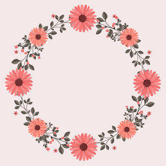 Floral greeting card and invitation template for wedding or birthday anniversary, Vector circle shape of text box label and frame, Pink flowers wreath ivy style with branch and leaves.