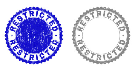 Grunge RESTRICTED stamp seals isolated on a white background. Rosette seals with grunge texture in blue and gray colors. Vector rubber stamp imitation of RESTRICTED tag inside round rosette.