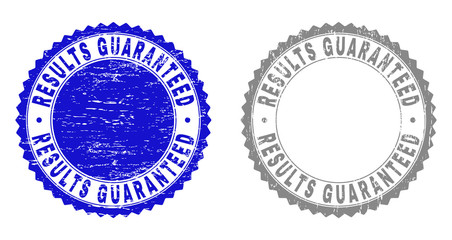 Obraz premium Grunge RESULTS GUARANTEED stamp seals isolated on a white background. Rosette seals with grunge texture in blue and grey colors.