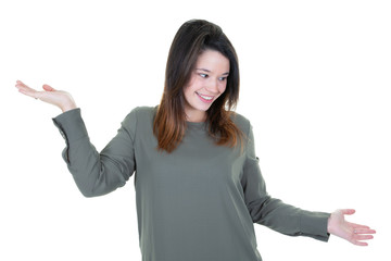 cute woman in doubt doing shrug showing open palms