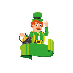 leprechaun with cauldron and ribbon