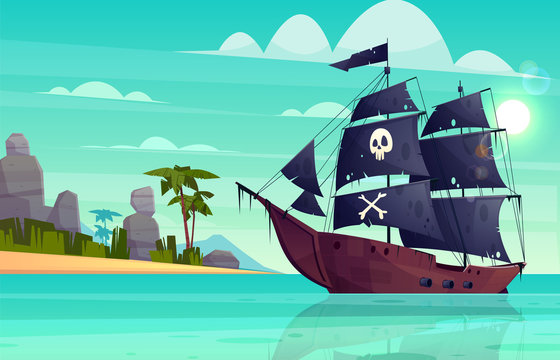 Vector cartoon pirate ship on water, sand beach of the bay. Wooden boat with black sails, cannons goes to the island. Corvette or frigate with skull and bones flag at sea, ocean. Old battleship, barge