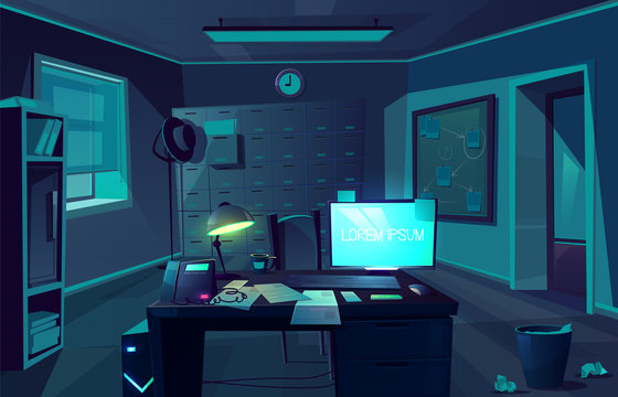 Vector cartoon background of overtime in police department or private detective. Night, dark room with desk, computer and chair for client. Interior of cabinet for investigation. Moonlight from window