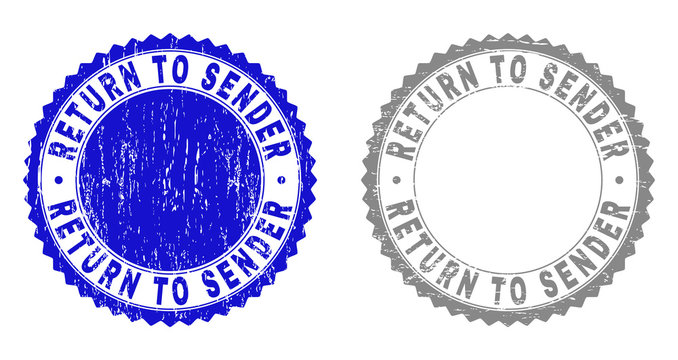 Grunge RETURN TO SENDER stamp seals isolated on a white background. Rosette seals with grunge texture in blue and grey colors. Vector rubber overlay of RETURN TO SENDER title inside round rosette.