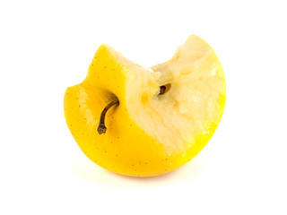bitten yellow apple fruit on white background