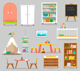 Large set of accessories for the children's room. Vector illustration of a flat style.