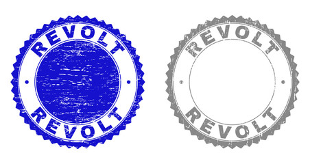 Grunge REVOLT stamps isolated on a white background. Rosette seals with grunge texture in blue and grey colors. Vector rubber stamp imprint of REVOLT title inside round rosette.