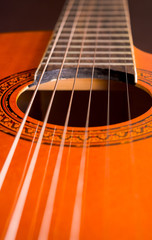 Rosette and strings of an acoustic guitar close up. Classical Spanish guitar. Musical instrument.