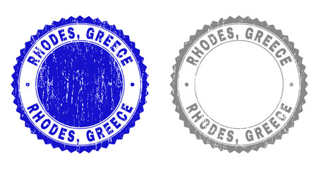 Grunge RHODES, GREECE stamp seals isolated on a white background. Rosette seals with grunge texture in blue and grey colors. Vector rubber watermark of RHODES, GREECE tag inside round rosette.