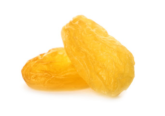 Tasty raisins on white background. Healthy dried fruit