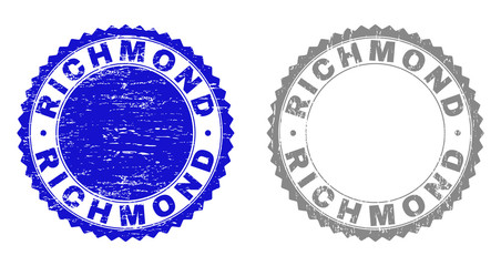 Fototapeta na wymiar Grunge RICHMOND stamp seals isolated on a white background. Rosette seals with grunge texture in blue and grey colors. Vector rubber overlay of RICHMOND text inside round rosette.