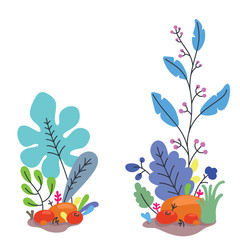 Fantasy flowers and plants flat style vector illustration. Fantastic colored plants, cartoon stylized bushes, flowers. Graphic design template for banner, poster, website, postcard, wedding invitation