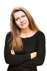 Portrait of a beautiful middle-aged woman wearing a black T-shirt on a white background. The woman smiles