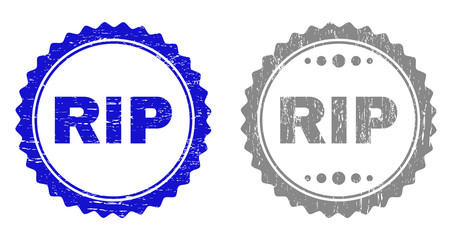 Grunge RIP stamp seals isolated on a white background. Rosette seals with grunge texture in blue and grey colors. Vector rubber stamp imprint of RIP tag inside round rosette.