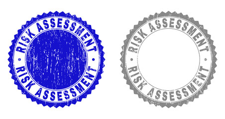 Grunge RISK ASSESSMENT stamp seals isolated on a white background. Rosette seals with grunge texture in blue and gray colors.